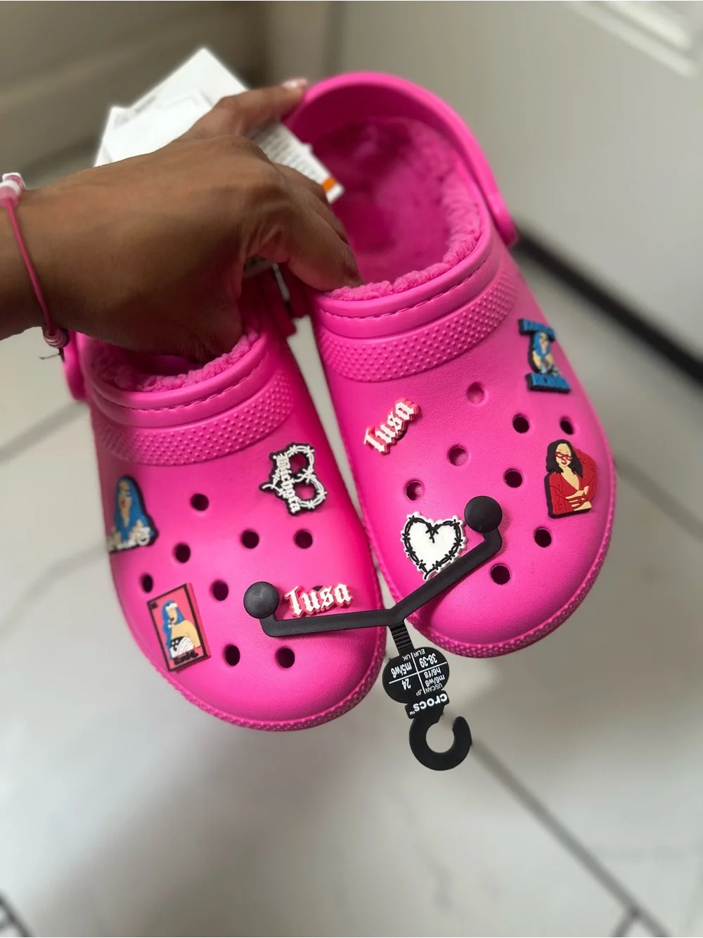 CROCS Kids Bright Pink Fuzzy-Lined Clogs with Charm Pins